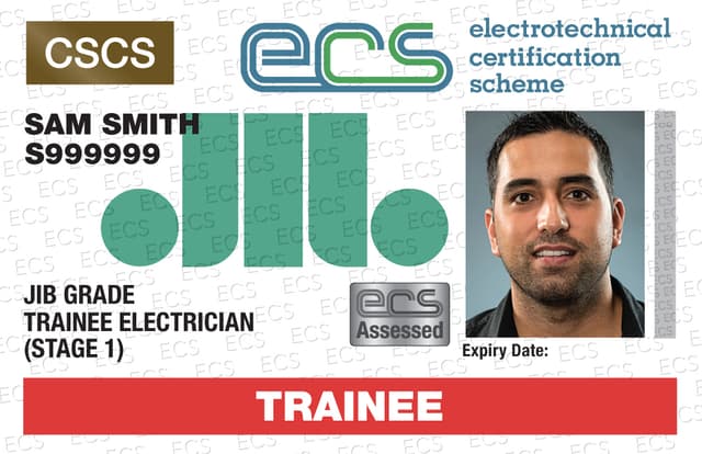 ECS Trainee Electrician card — white with red stripe