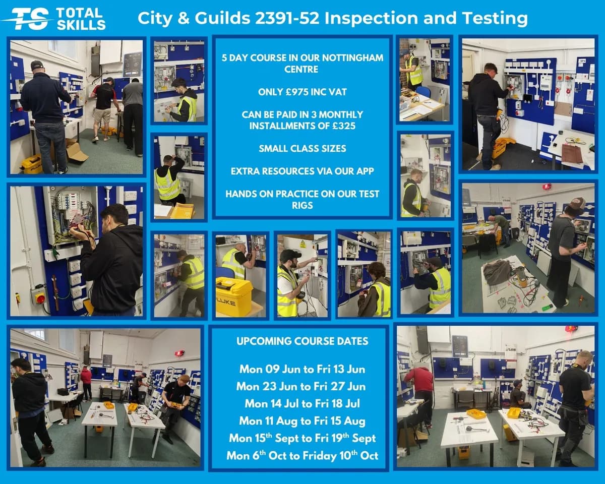 Electricians completing Inspection and Testing assessments at Total Skills Nottingham training centre