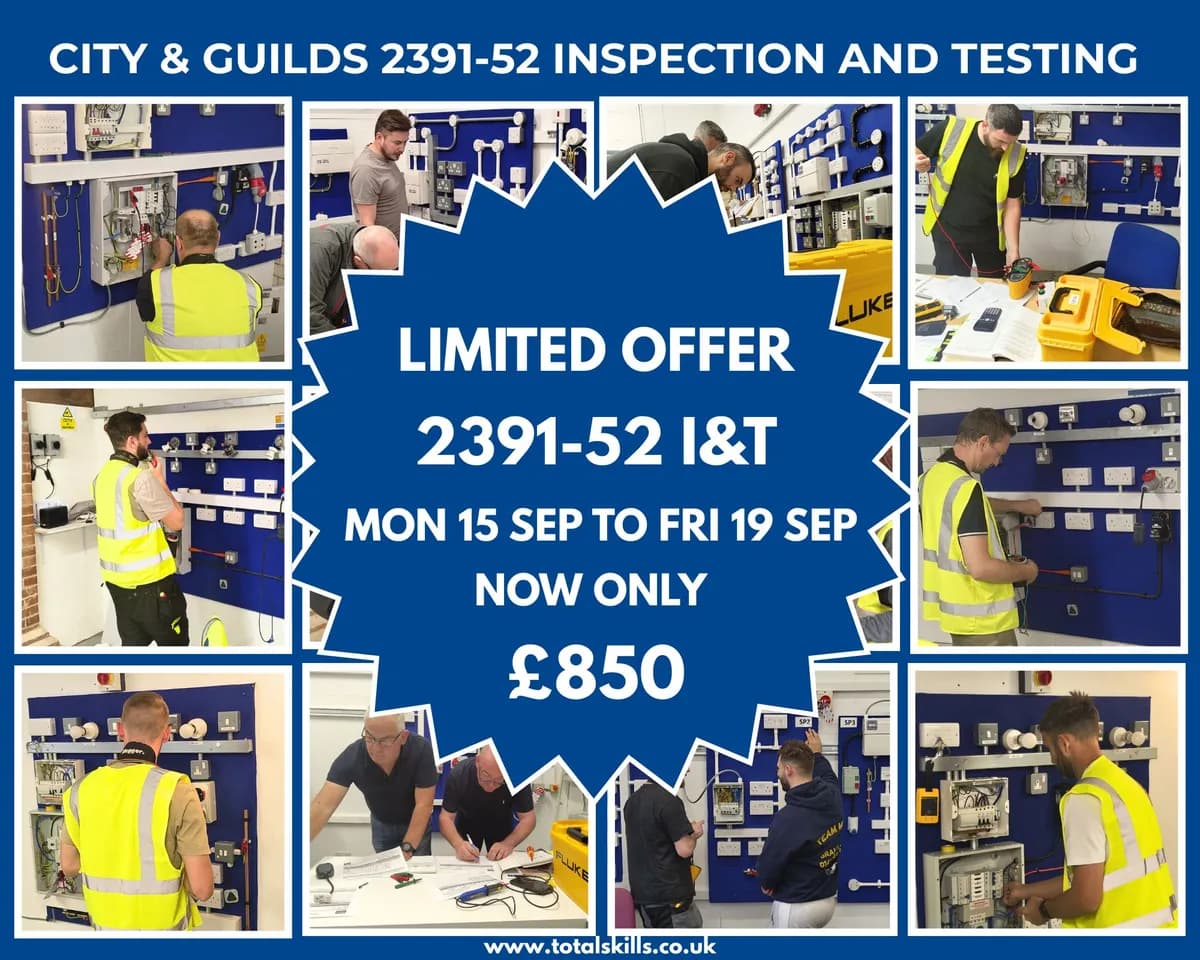 Electrician trainees practising inspection and testing skills at Total Skills Nottingham training centre