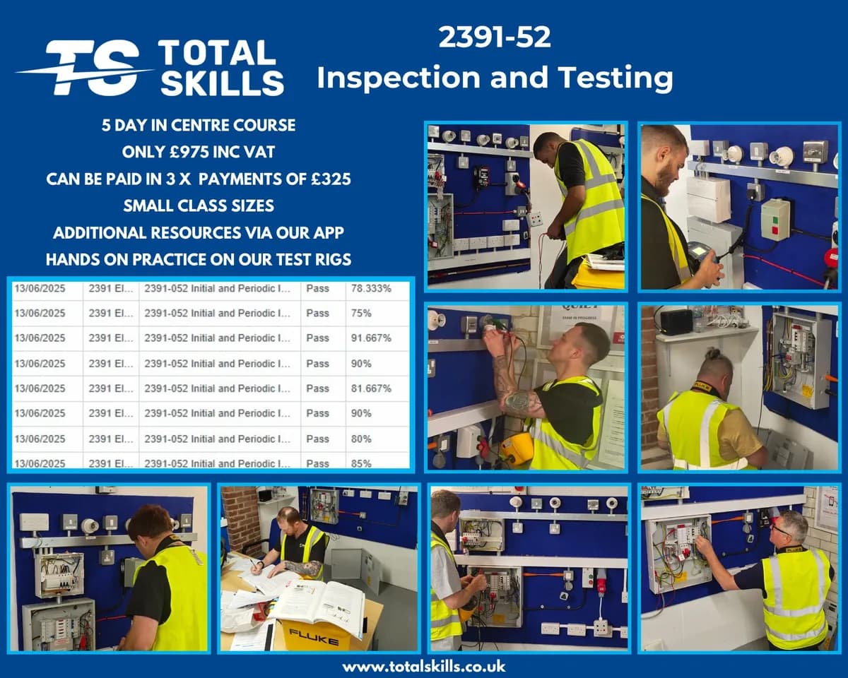 Electrical students completing 2391-52 Inspection and Testing assessment at Total Skills Nottingham training centre