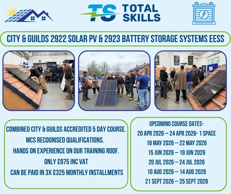 Group of students completing Solar PV and Battery Storage training at Total Skills Nottingham training centre