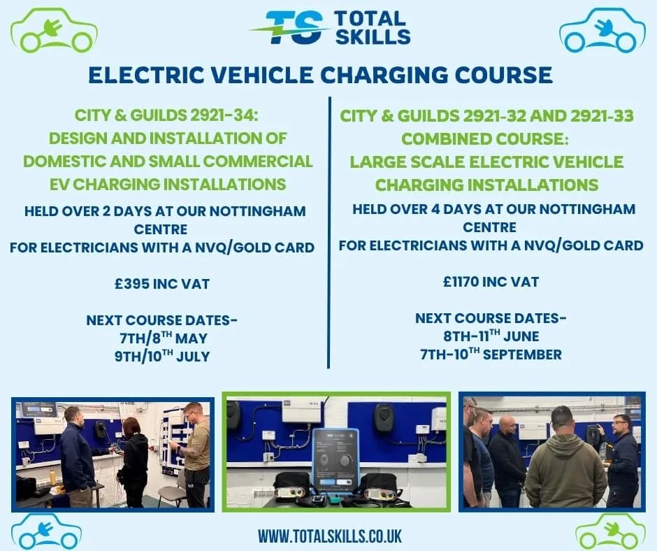 Electricians learning electric vehicle charging installation skills at Total Skills training centre