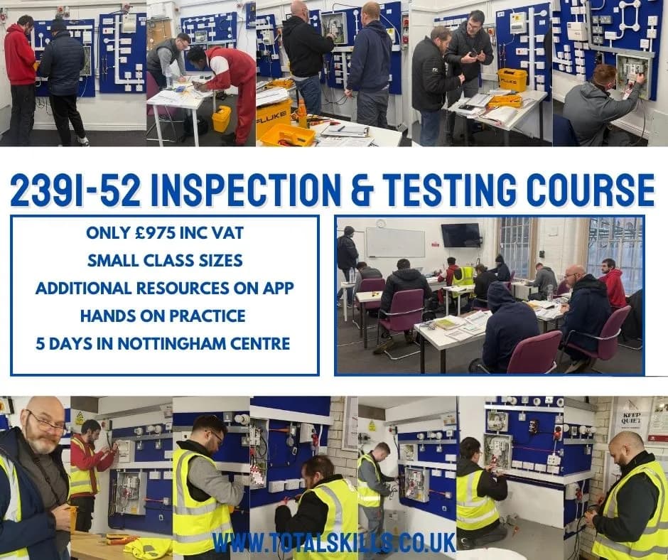 Electrical students completing inspection and testing training at Total Skills Nottingham training centre