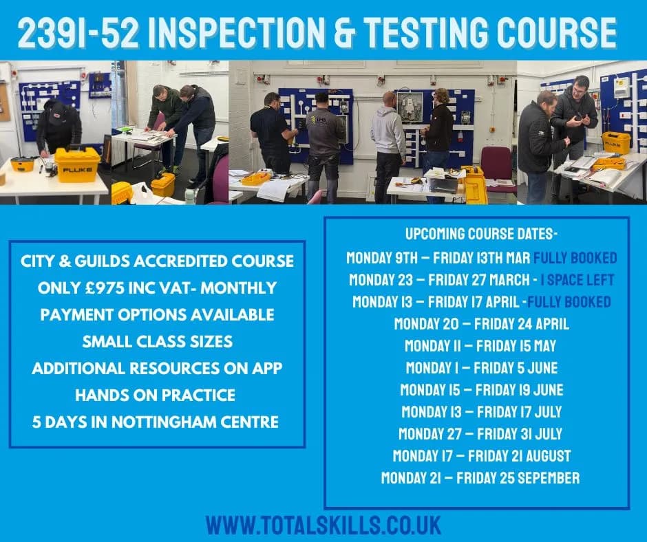 Electrician students practising inspection and testing on rigs at Total Skills Nottingham training centre