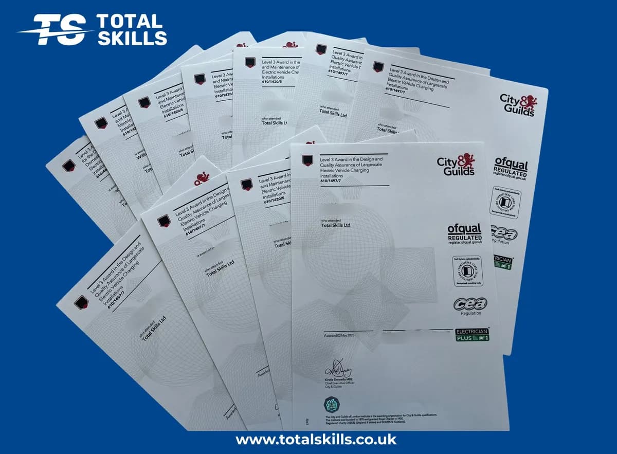 Electricians completing large scale EV charging installation training at Total Skills Nottingham training centre