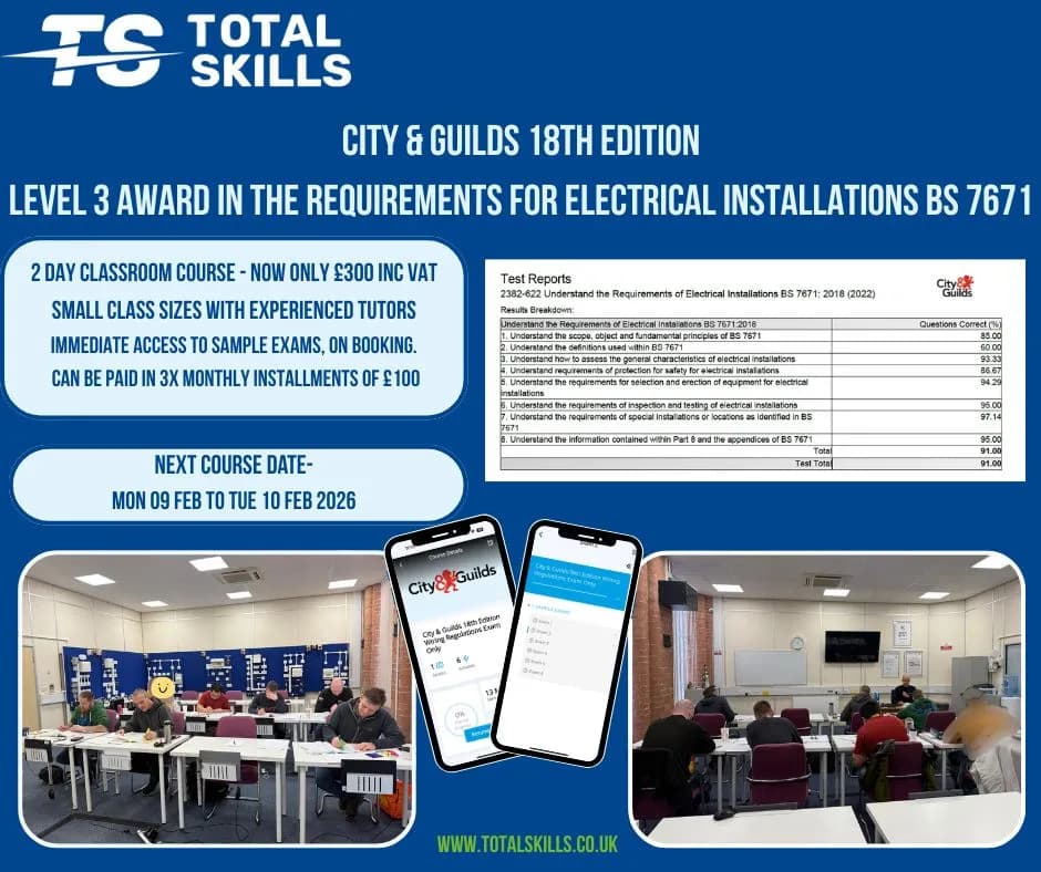 Seven candidates completing 18th Edition wiring regulations course at Total Skills Nottingham training centre