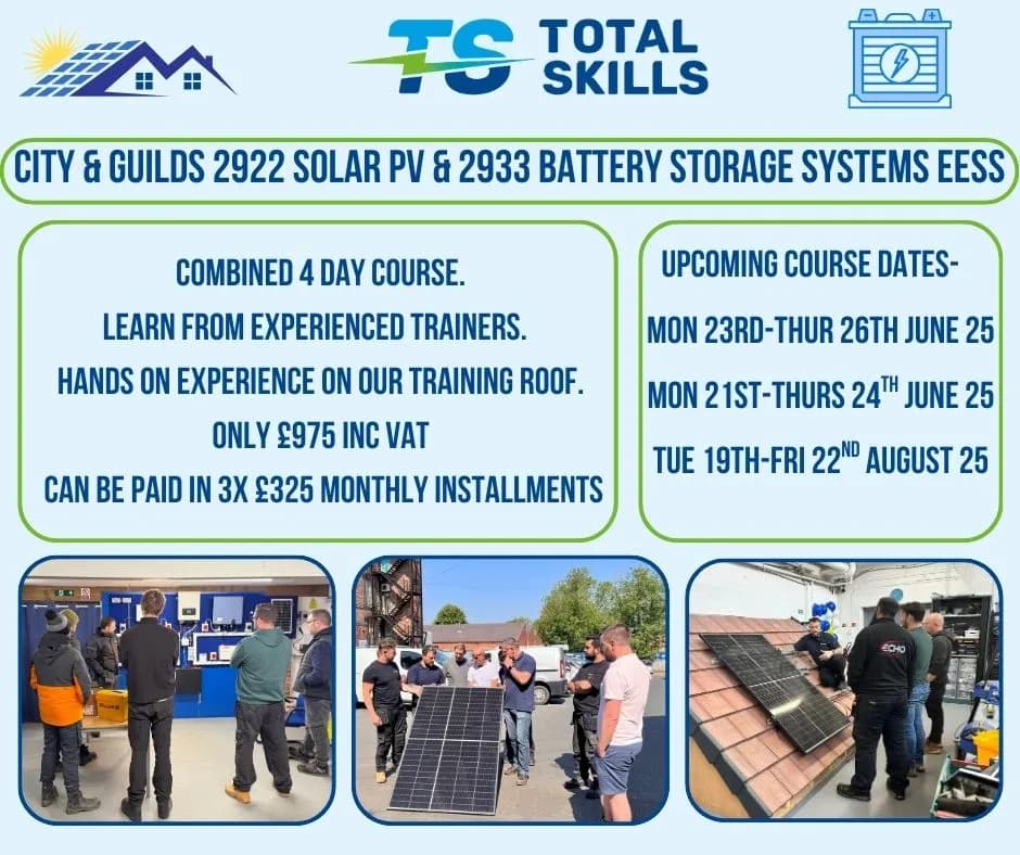 Electricians training on solar PV and battery storage systems at Total Skills Nottingham training centre