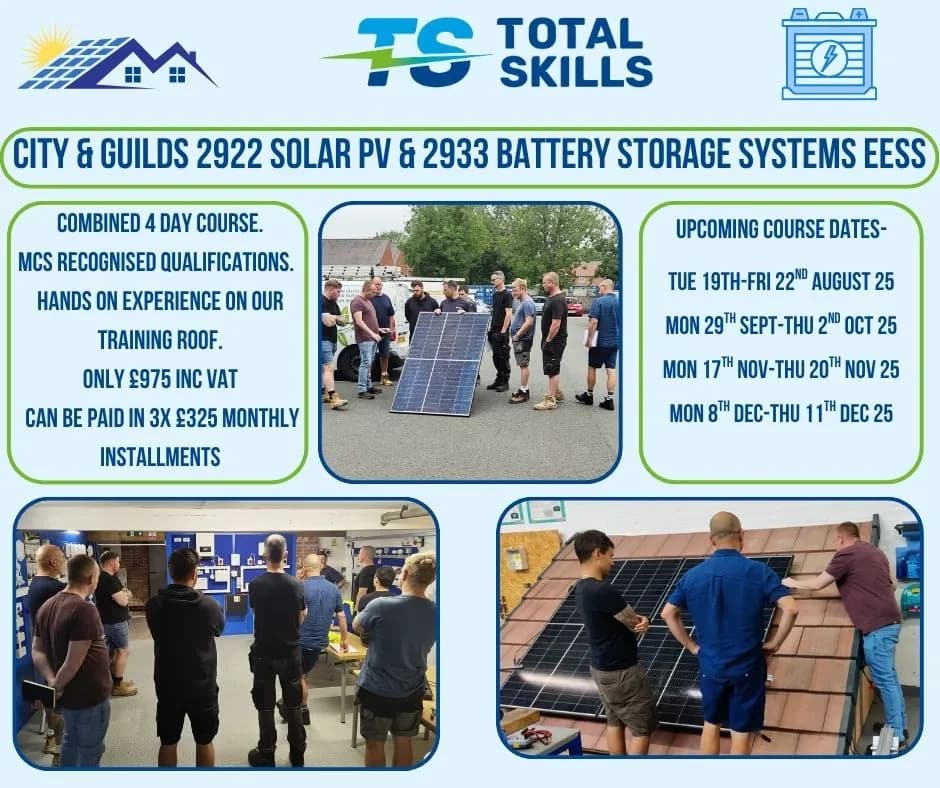 Nine students completing combined solar and battery storage course at Total Skills Nottingham training centre