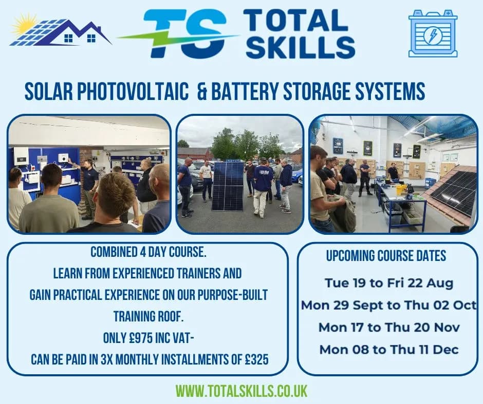 Seven students completing solar and battery storage training at Total Skills Nottingham training centre
