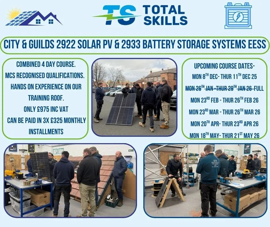 Nine students completing Solar and Battery Storage course at Total Skills Nottingham training centre
