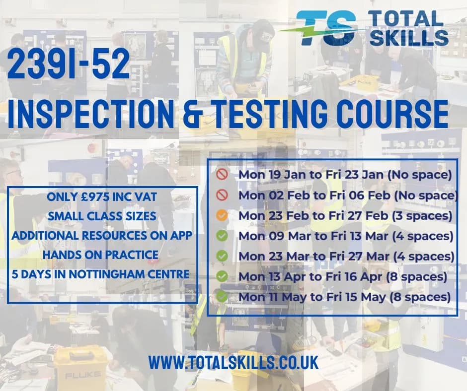 Electricians training on inspection and testing rigs at Total Skills Nottingham training centre