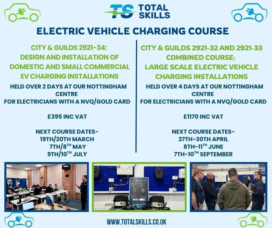 Electricians attending Electric Vehicle charging training course at Total Skills Nottingham training centre