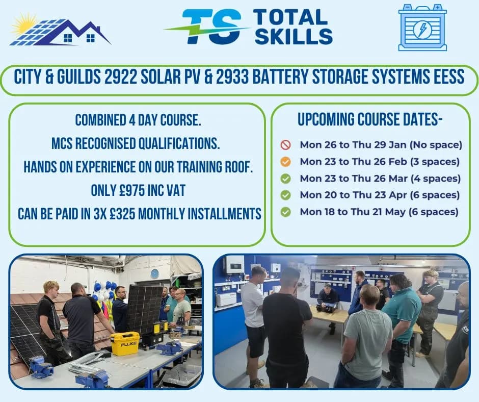 Trainer delivering solar PV course on rooftop at Total Skills Nottingham training centre