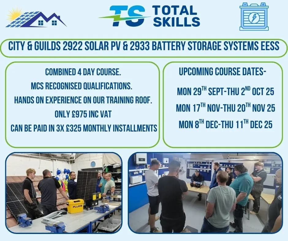 Nine students completing solar and battery storage training at Total Skills Nottingham training centre
