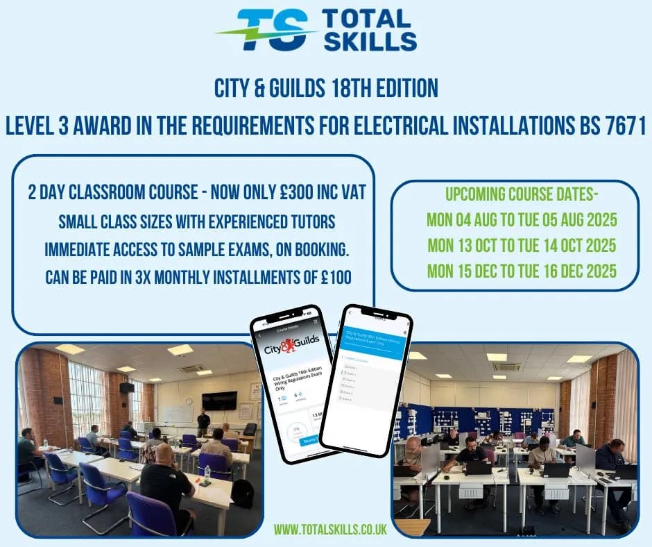 Students completing 18th Edition wiring regulations course at Total Skills Nottingham training centre