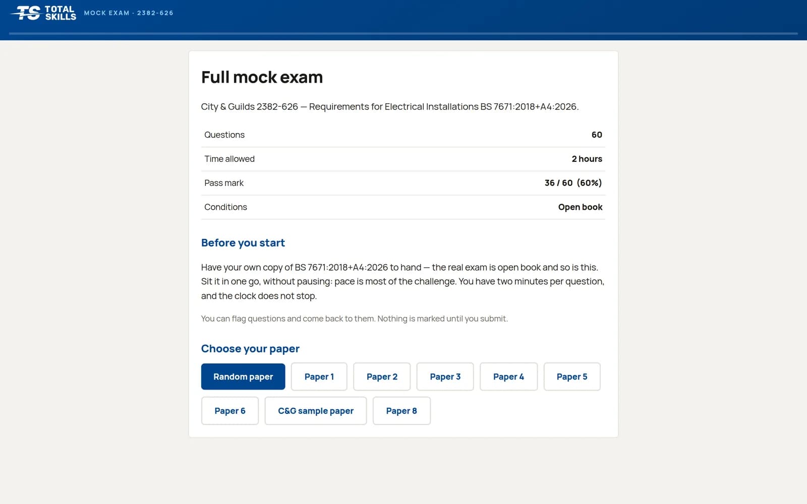 Full mock exam setup — 60 questions, 2-hour clock, 36/60 pass mark, with 8 papers and the C&G sample paper to choose from