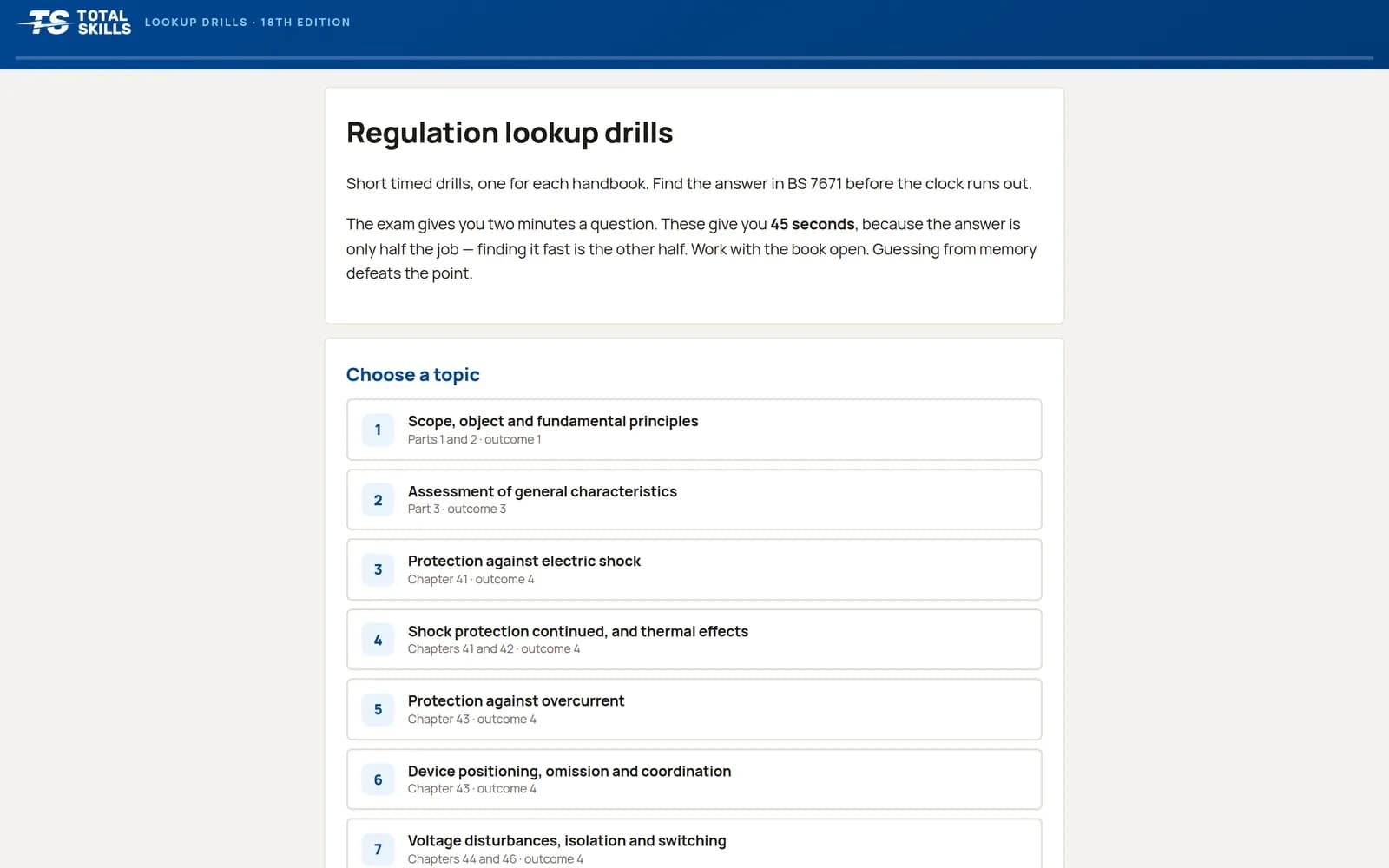 Regulation lookup drills menu — one timed drill per handbook topic, each giving 45 seconds to find the answer in BS 7671