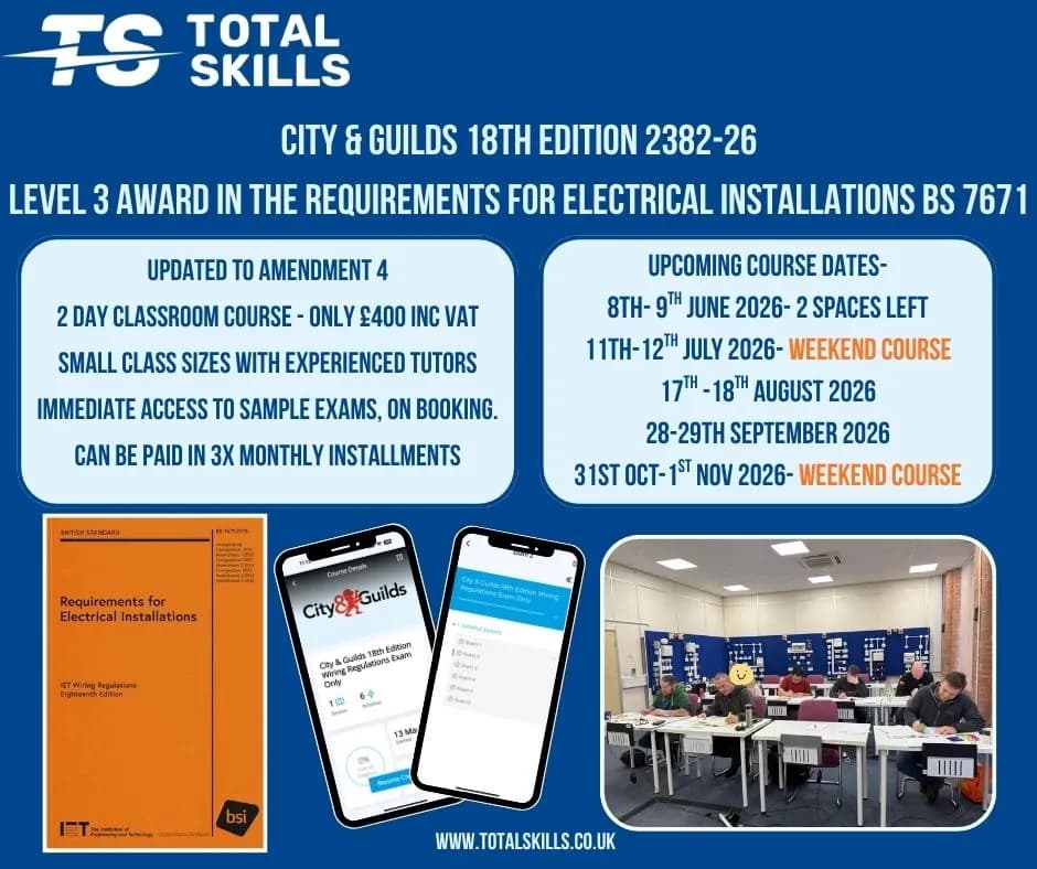 Electrical students studying 18th Edition Amendment 4 course at Total Skills training centre