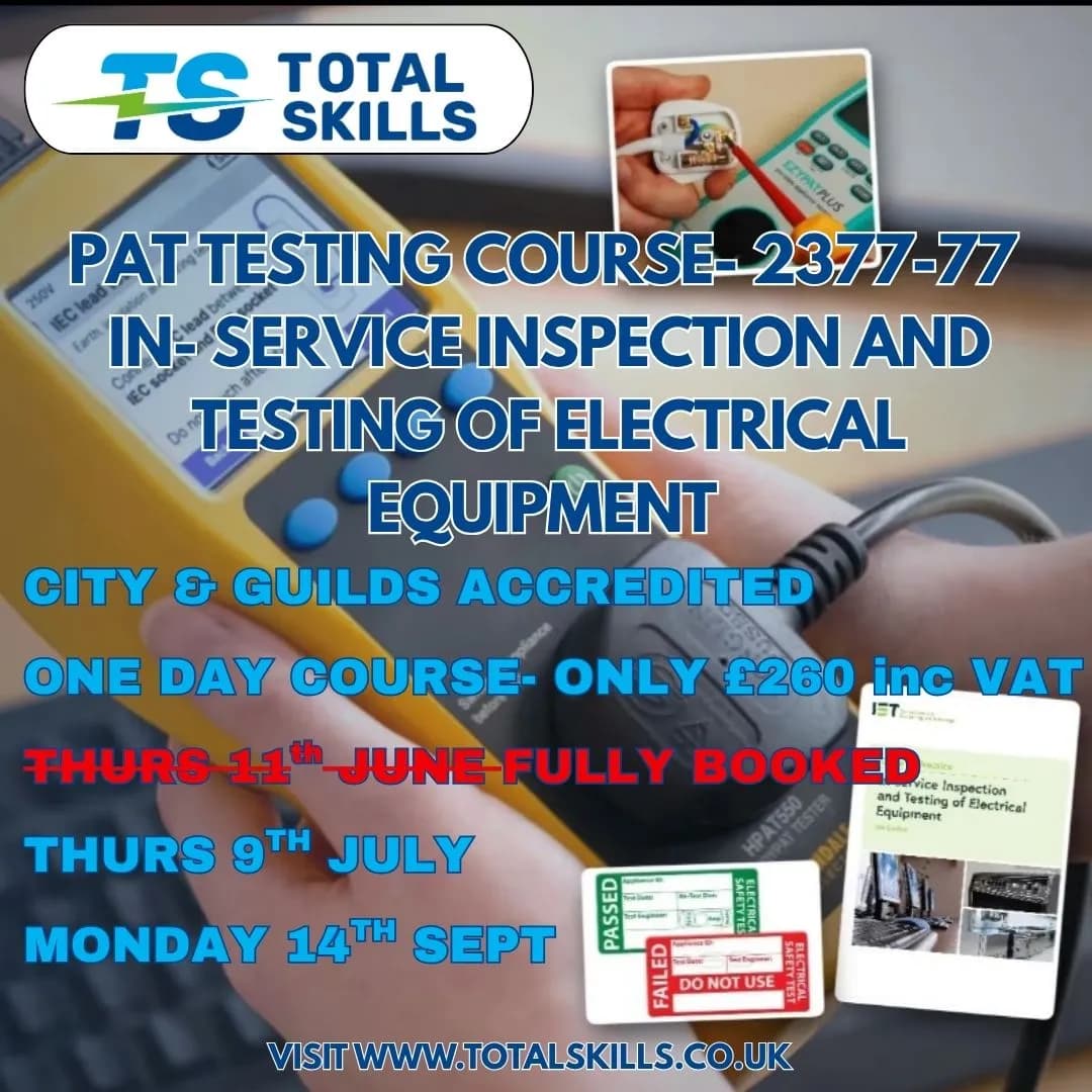 Trainer demonstrating PAT testing equipment at Total Skills training centre