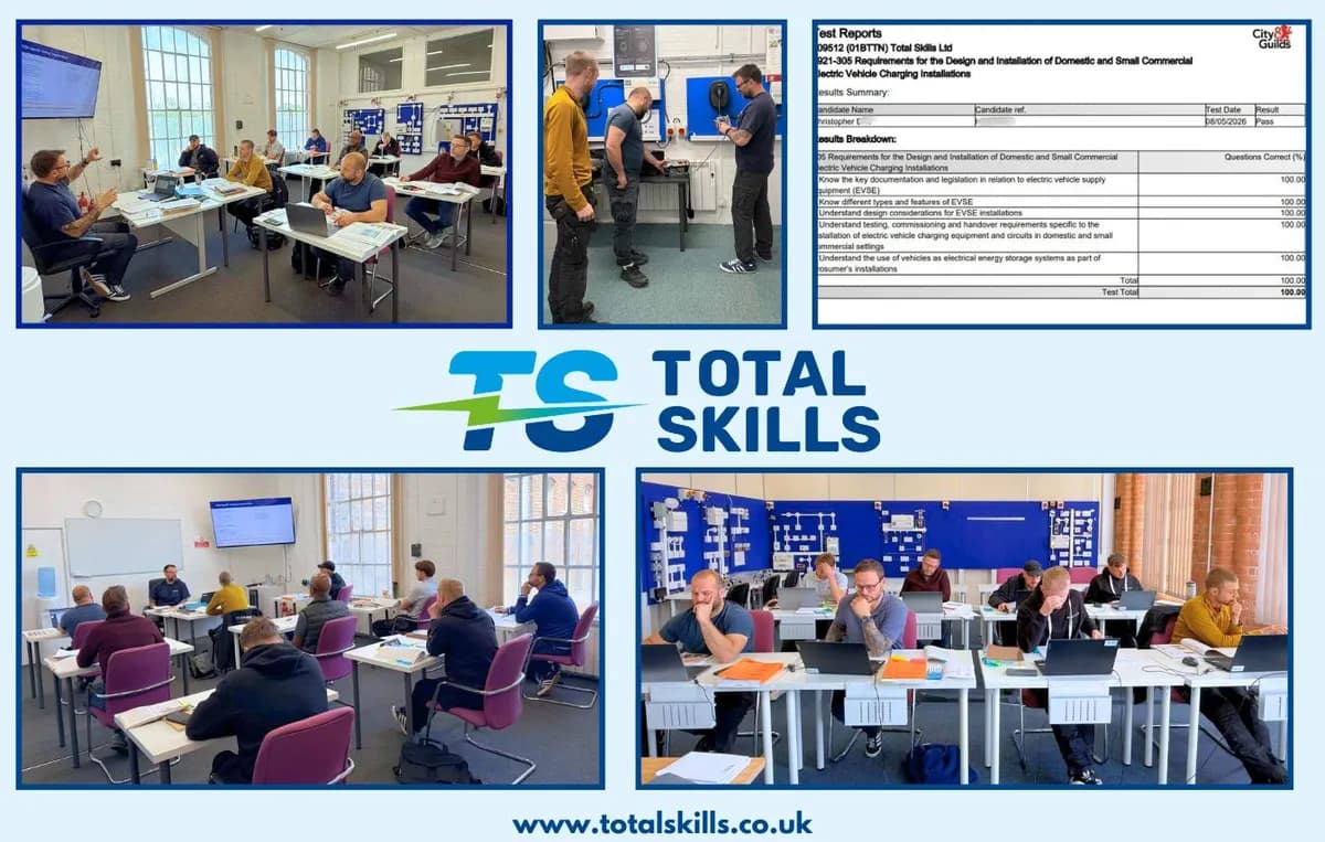 Eight students completing Small Scale EV charging course at Total Skills training centre