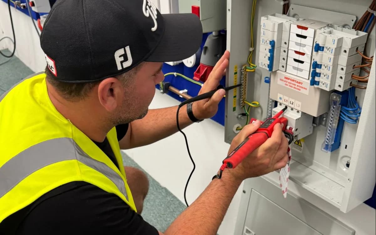 Electrician in safety gear testing electrical panel with multimeter and red probe tool.